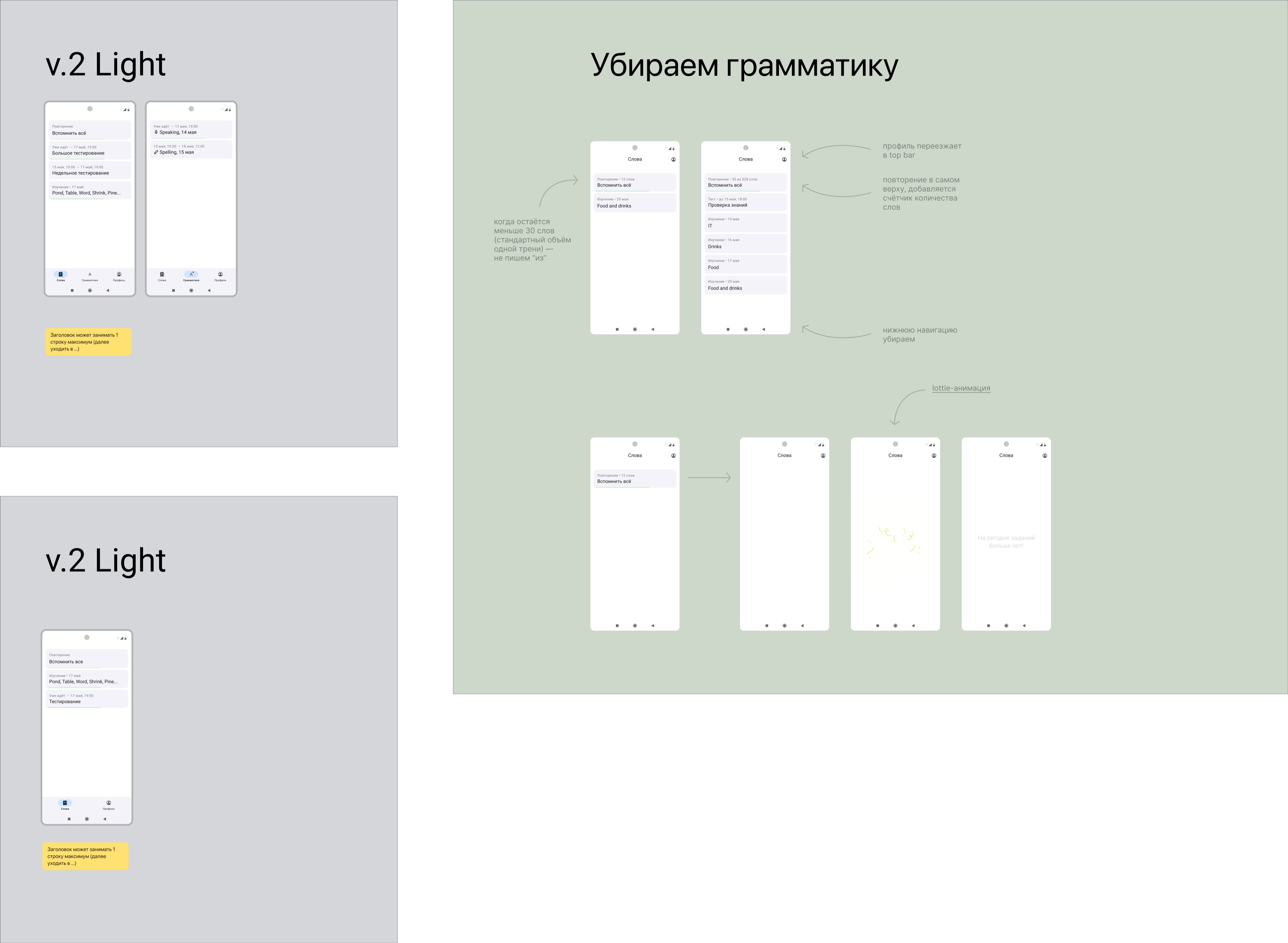 Эволюция фида: v1 табы, v2 светлые карточки, v3 без нижней навигации