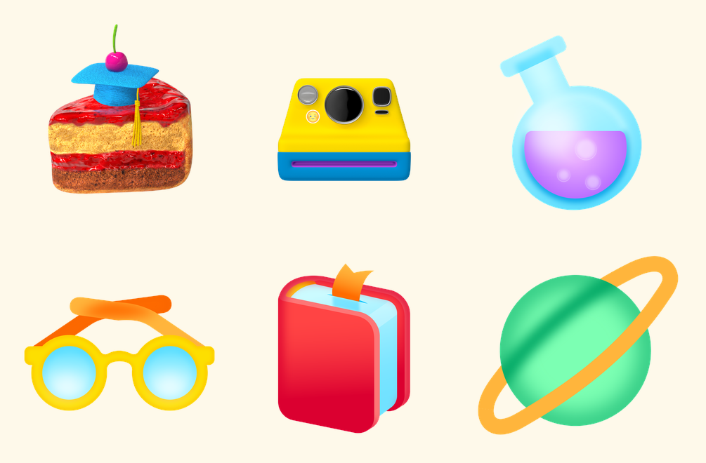 3D-объекты: торт, камера, колба, очки, книга, планета